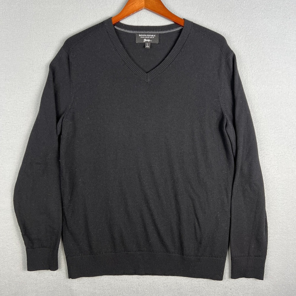 Banana Republic Italian Merino Wool Sweater Mens LT Yarn by Baruffa V Neck Black